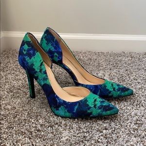 Blue and green printed dorsay heels